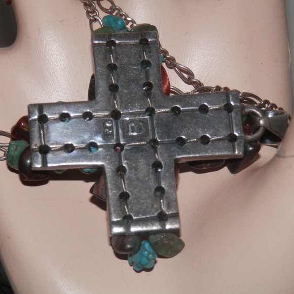 Sterling SilverTurquoise/Amber Chip Cross Pendant - Picture 4 of 4